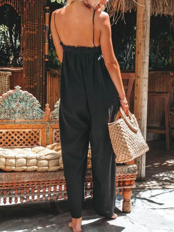 New loose high-waisted wide-leg fashion suspender jumpsuit