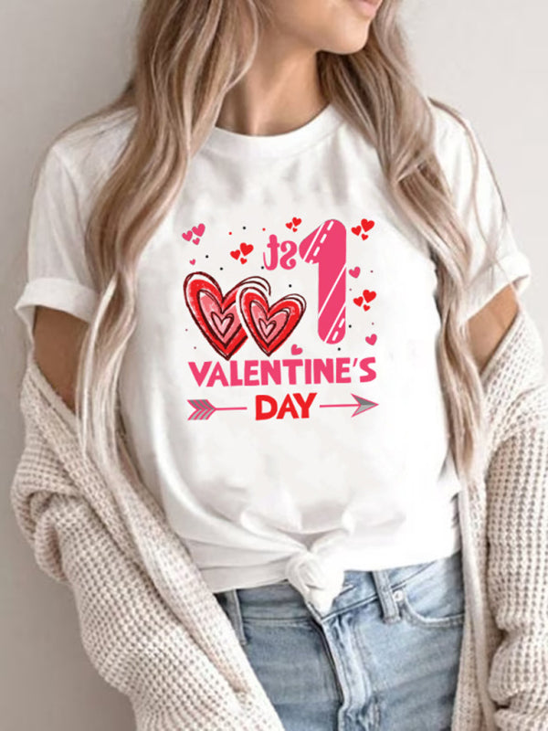 Women's new Valentine's Day printed T-shirt round neck short-sleeved top