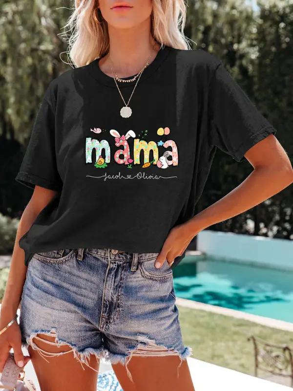 Women's MAMA Letter Round Neck Rabbit Easter Casual Short Sleeve T-Shirt