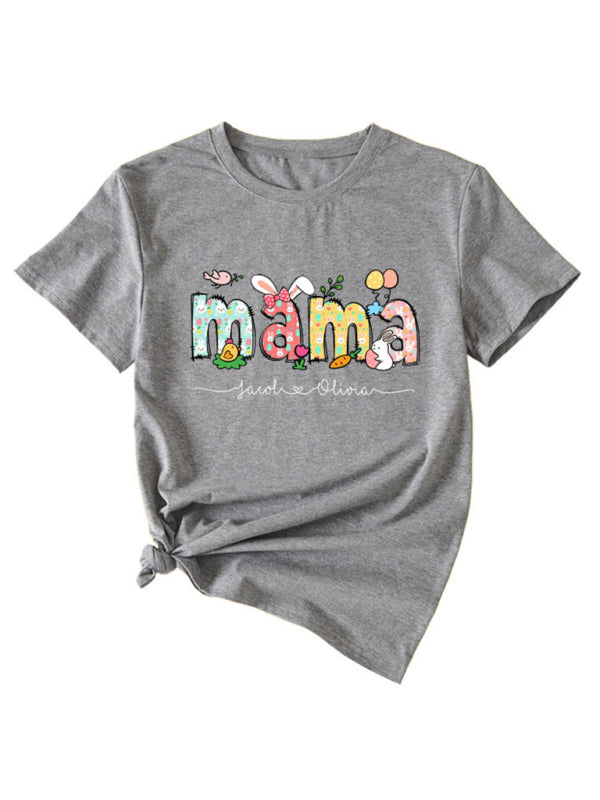 Women's MAMA Letter Round Neck Rabbit Easter Casual Short Sleeve T-Shirt