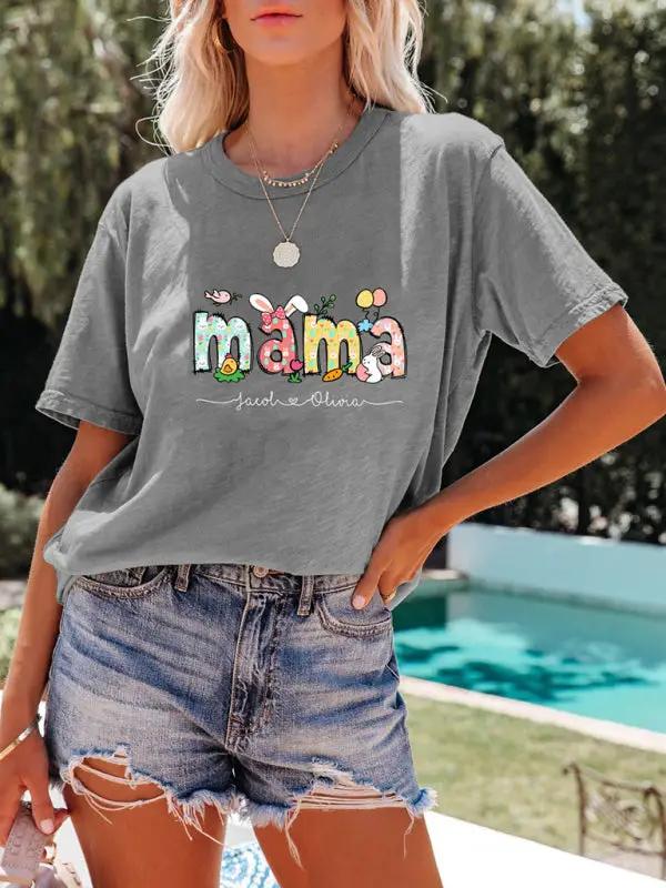 Women's MAMA Letter Round Neck Rabbit Easter Casual Short Sleeve T-Shirt