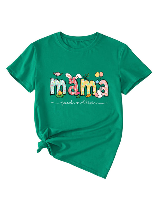 Women's MAMA Letter Round Neck Rabbit Easter Casual Short Sleeve T-Shirt