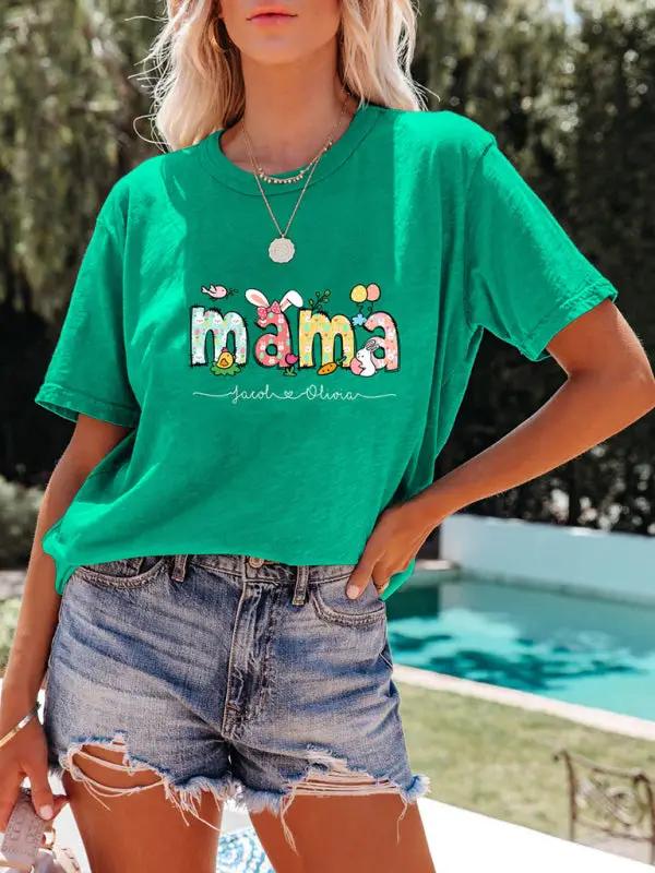 Women's MAMA Letter Round Neck Rabbit Easter Casual Short Sleeve T-Shirt