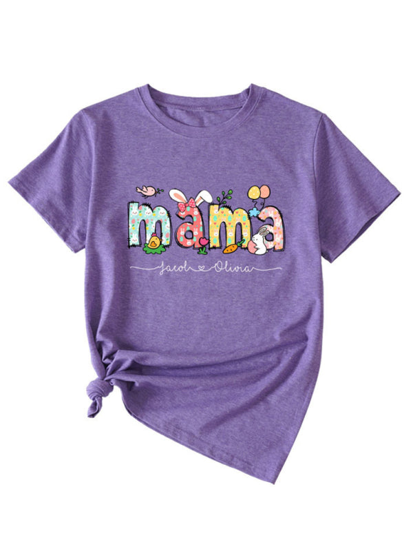 Women's MAMA Letter Round Neck Rabbit Easter Casual Short Sleeve T-Shirt