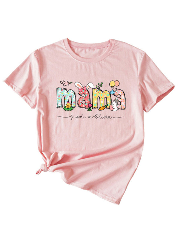 Women's MAMA Letter Round Neck Rabbit Easter Casual Short Sleeve T-Shirt