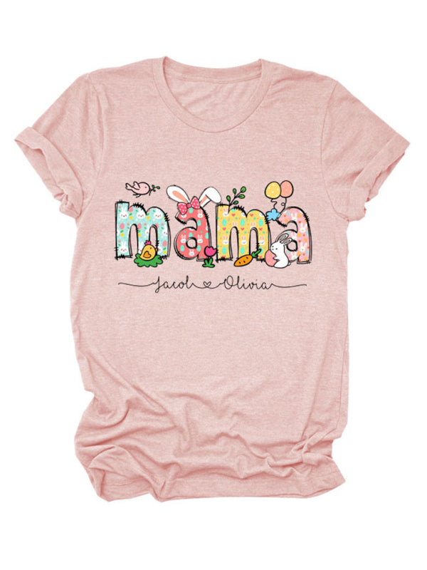 Women's MAMA Letter Round Neck Rabbit Easter Casual Short Sleeve T-Shirt