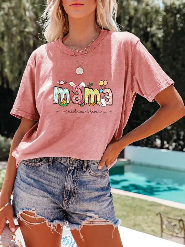 Women's MAMA Letter Round Neck Rabbit Easter Casual Short Sleeve T-Shirt