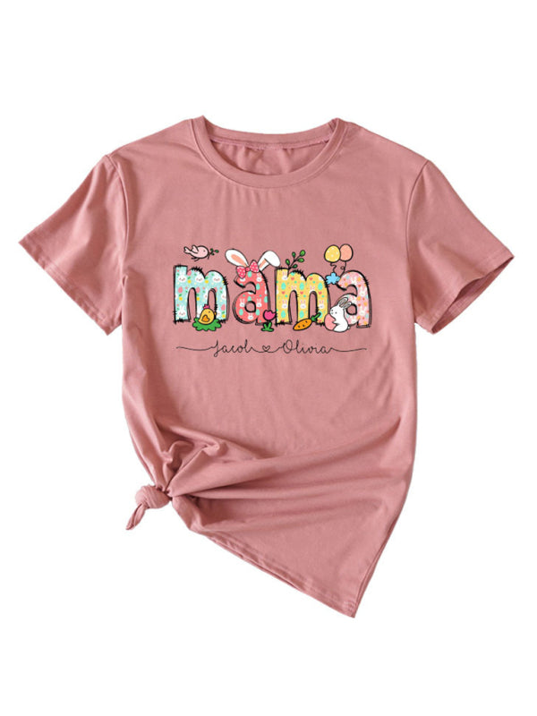 Women's MAMA Letter Round Neck Rabbit Easter Casual Short Sleeve T-Shirt