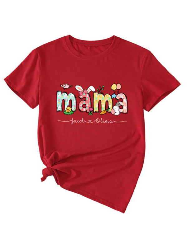 Women's MAMA Letter Round Neck Rabbit Easter Casual Short Sleeve T-Shirt