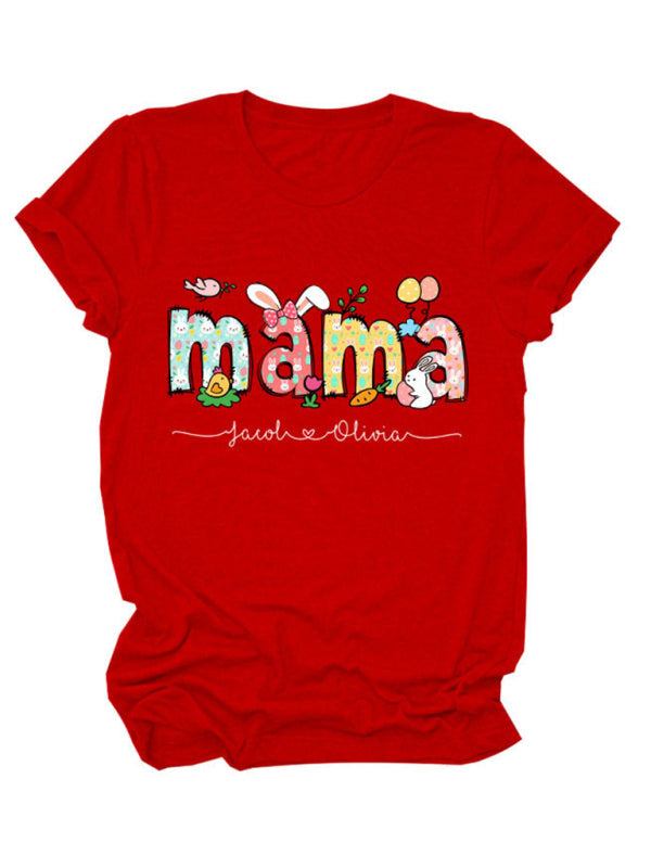 Women's MAMA Letter Round Neck Rabbit Easter Casual Short Sleeve T-Shirt