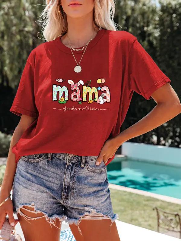 Women's MAMA Letter Round Neck Rabbit Easter Casual Short Sleeve T-Shirt