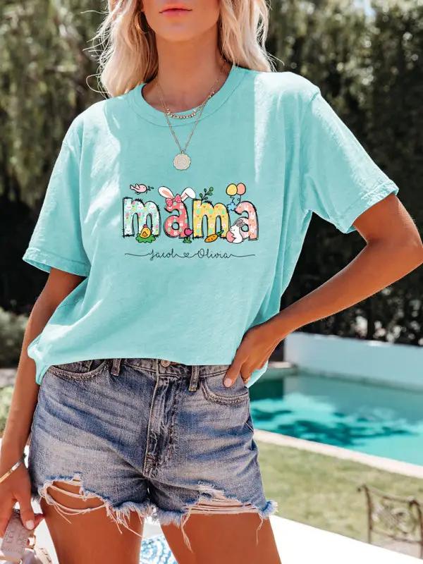 Women's MAMA Letter Round Neck Rabbit Easter Casual Short Sleeve T-Shirt