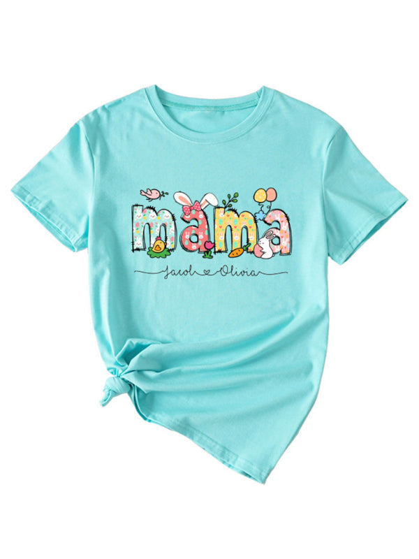 Women's MAMA Letter Round Neck Rabbit Easter Casual Short Sleeve T-Shirt