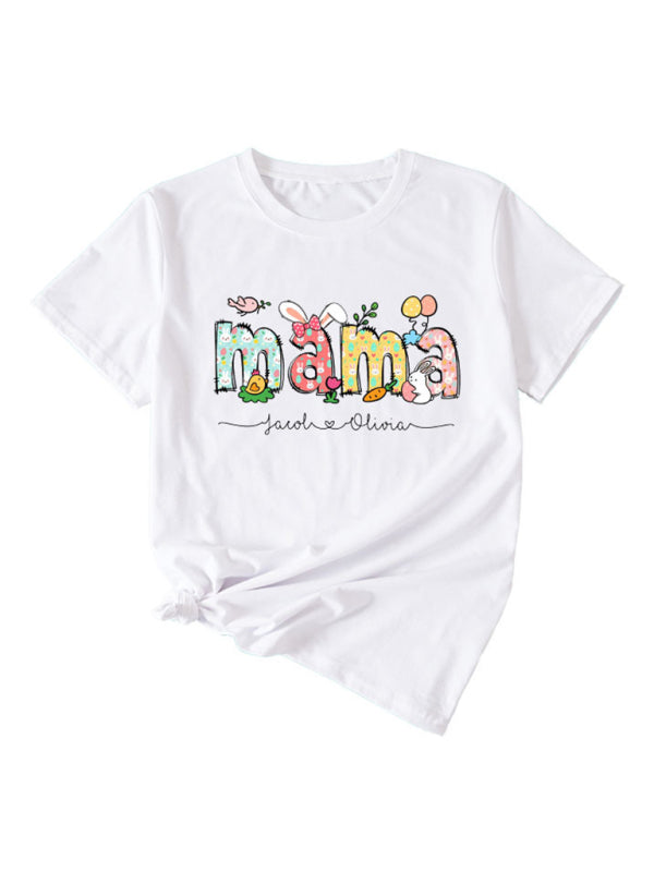 Women's MAMA Letter Round Neck Rabbit Easter Casual Short Sleeve T-Shirt