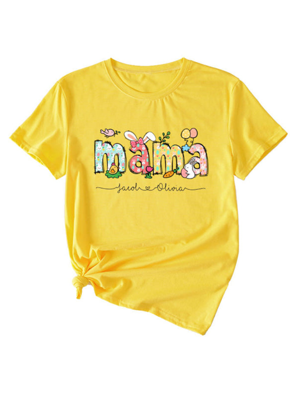 Women's MAMA Letter Round Neck Rabbit Easter Casual Short Sleeve T-Shirt