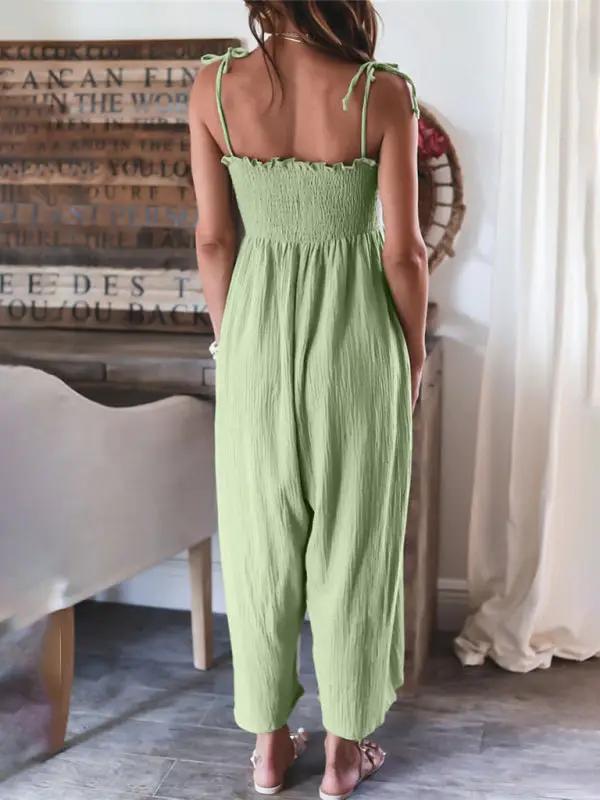 Women's High Waisted Solid Color Suspender Sleeveless Smocked Jumpsuit