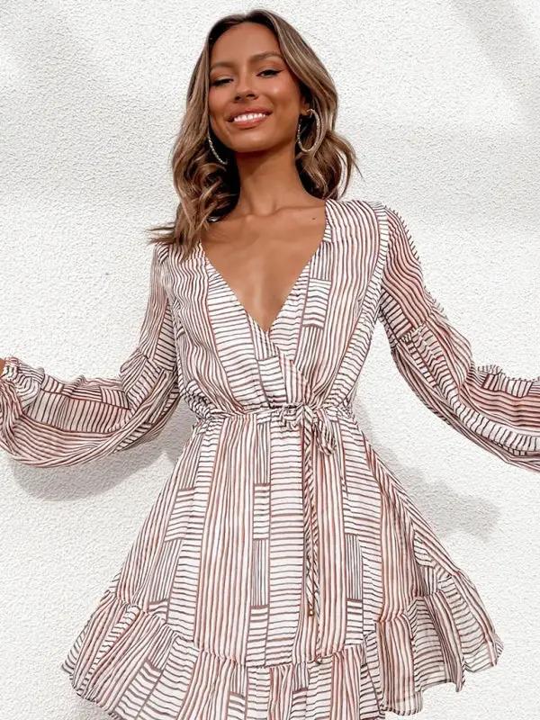 New striped printed V-neck waist sweet long-sleeved short dress