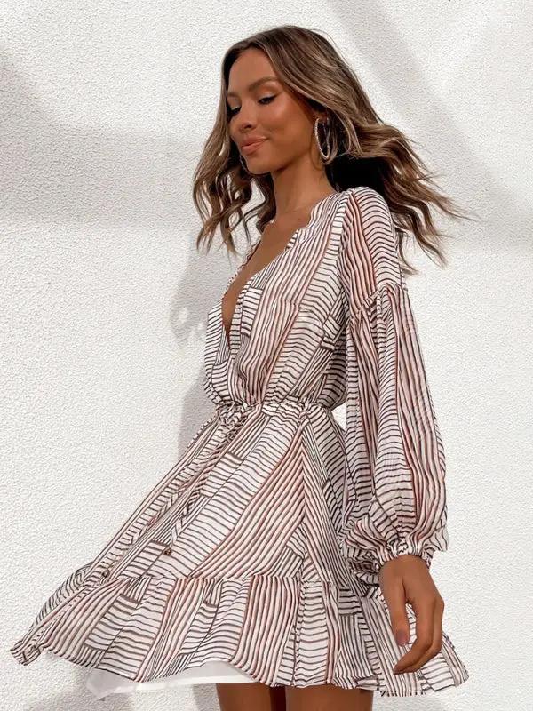 New striped printed V-neck waist sweet long-sleeved short dress