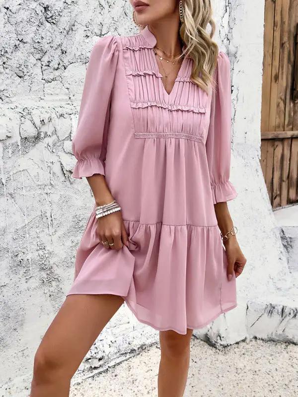 New solid color casual V-neck mid-sleeve dress