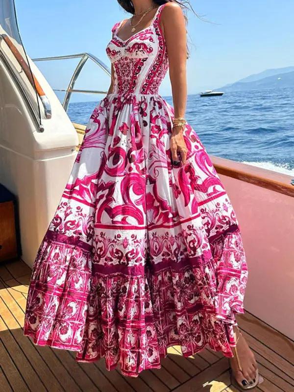 Stylish Printed Sleeveless Sleeveless Waist Swing Dress