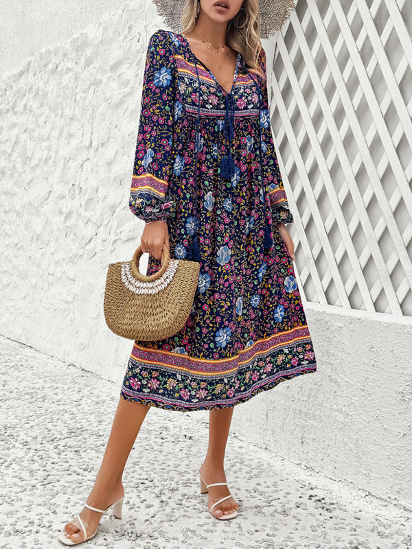 Women's Casual Resort Printed Bohemian Long Sleeve Dress