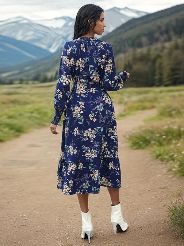 Women's New Long Sleeve Flower Print Dress