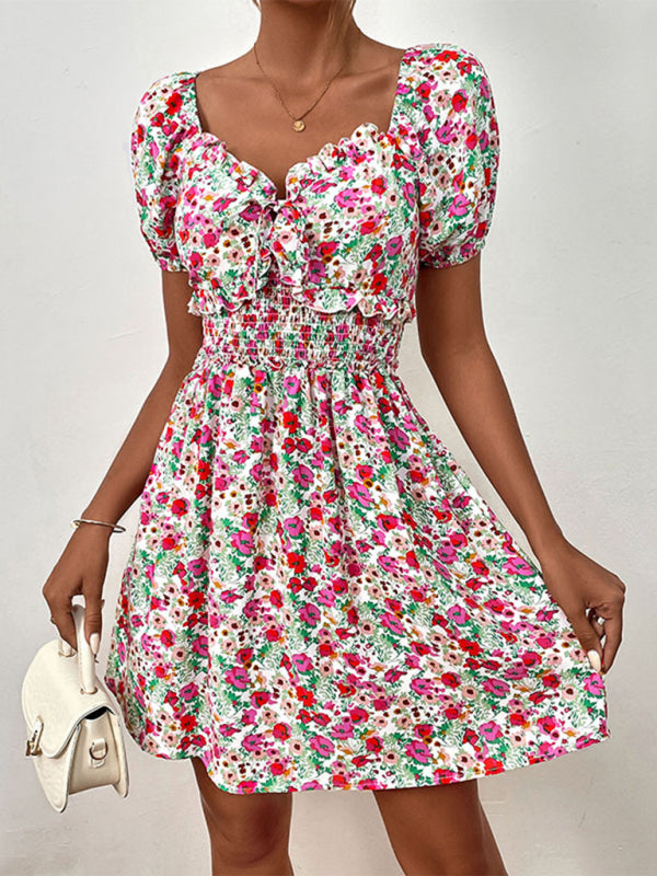 Women's New High Waist Puff Sleeve Floral Dress