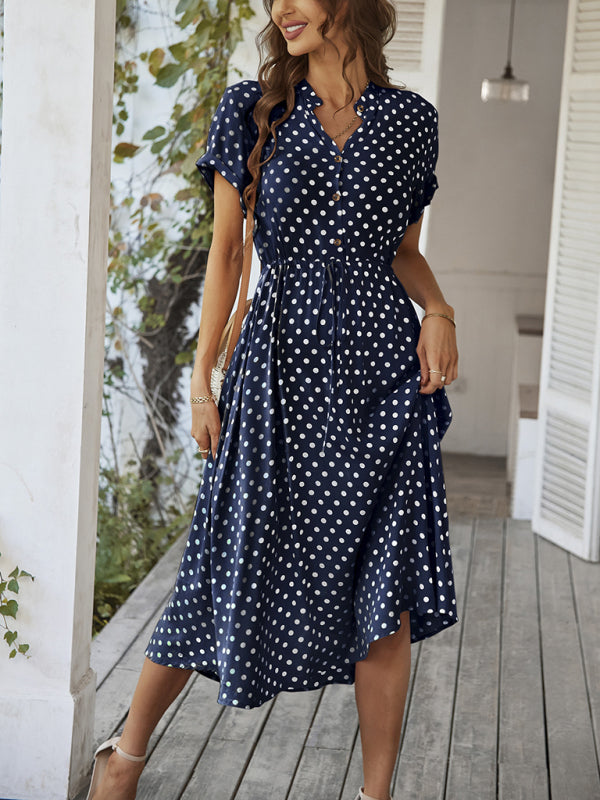 New women's all-match shirt collar polka dot waist waist dress