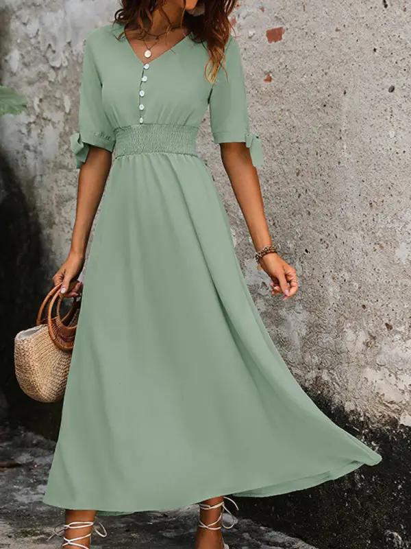 New Elegant V-Neck Commuter Belted Midi Dress