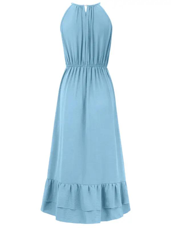 New holiday solid color halter neck V sleeveless waist dress