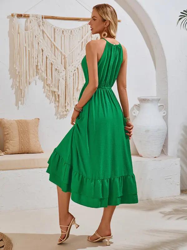 New holiday solid color halter neck V sleeveless waist dress