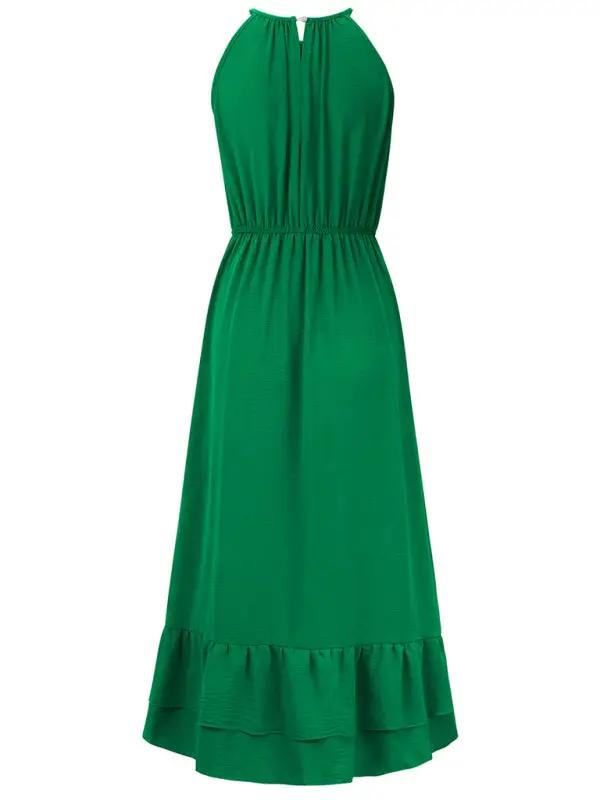 New holiday solid color halter neck V sleeveless waist dress