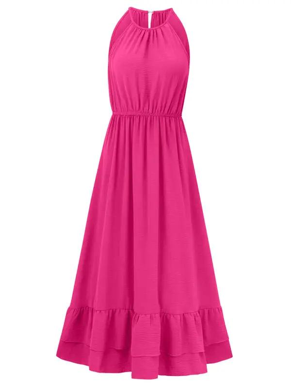 New holiday solid color halter neck V sleeveless waist dress