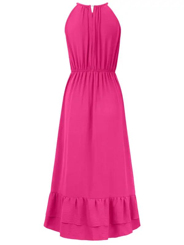 New holiday solid color halter neck V sleeveless waist dress