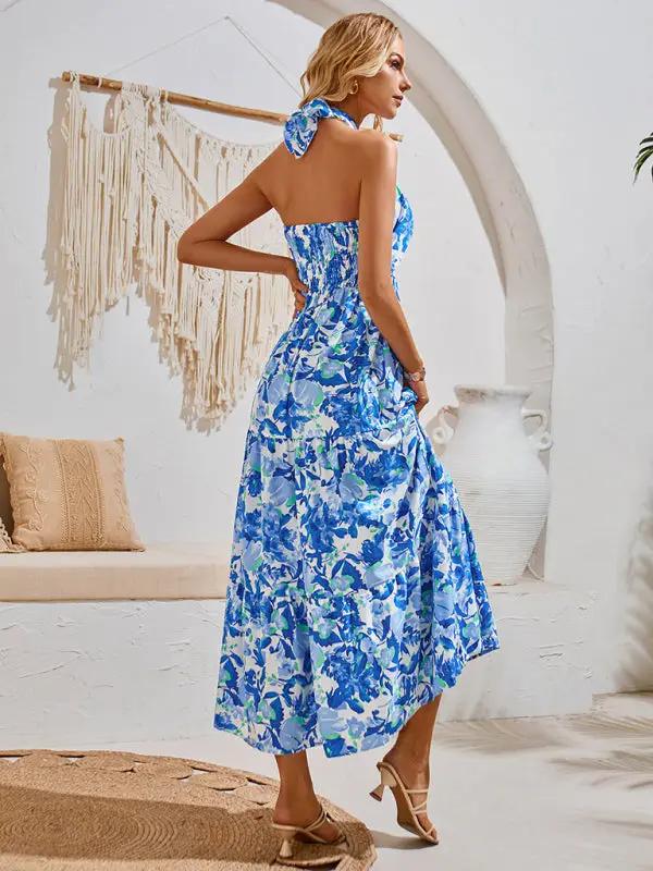 New casual resort style printed halter neck dress