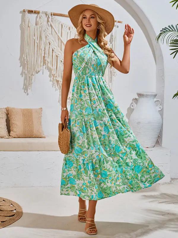 New casual resort style printed halter neck dress