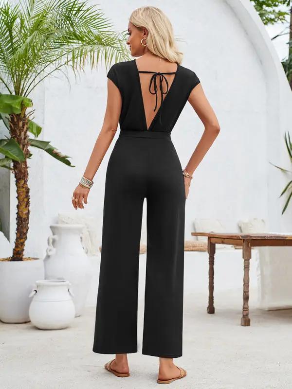 New casual solid color round neck short sleeve knitted women's jumpsuit