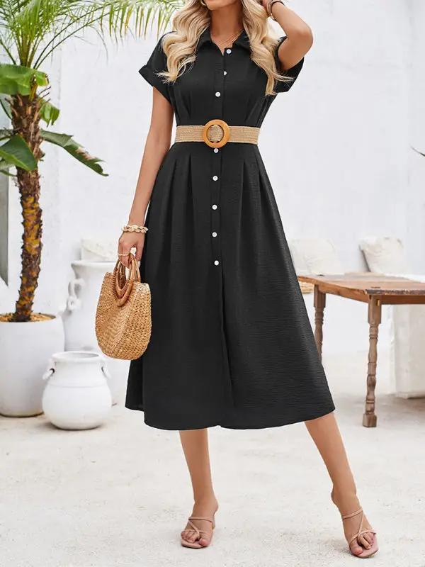 New solid color lapel single-breasted short-sleeved pleated dress