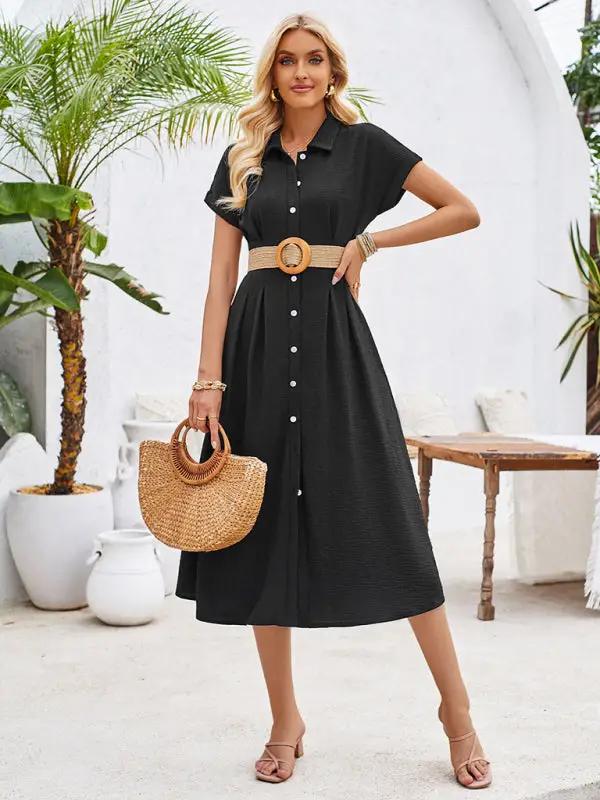 New solid color lapel single-breasted short-sleeved pleated dress