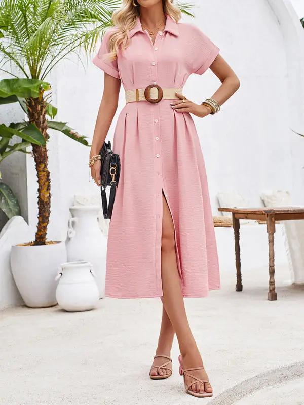 New solid color lapel single-breasted short-sleeved pleated dress