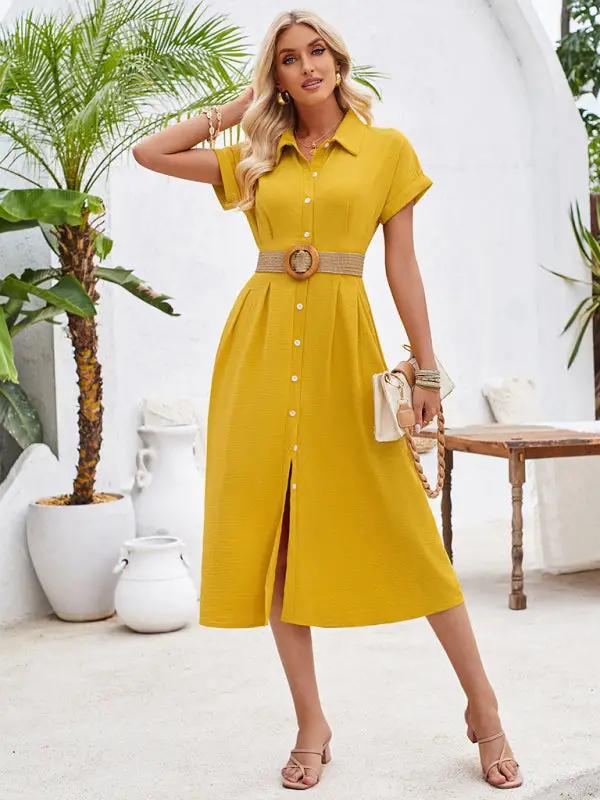 New solid color lapel single-breasted short-sleeved pleated dress