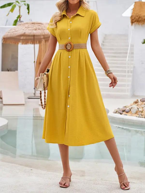 New solid color lapel single-breasted short-sleeved pleated dress