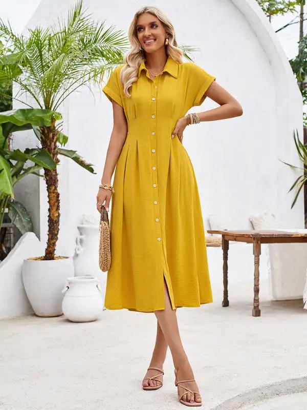 New solid color lapel single-breasted short-sleeved pleated dress