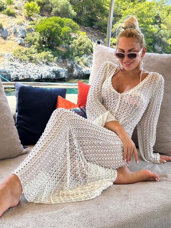 Women's handmade crocheted hollow beach trumpet sleeve long dress