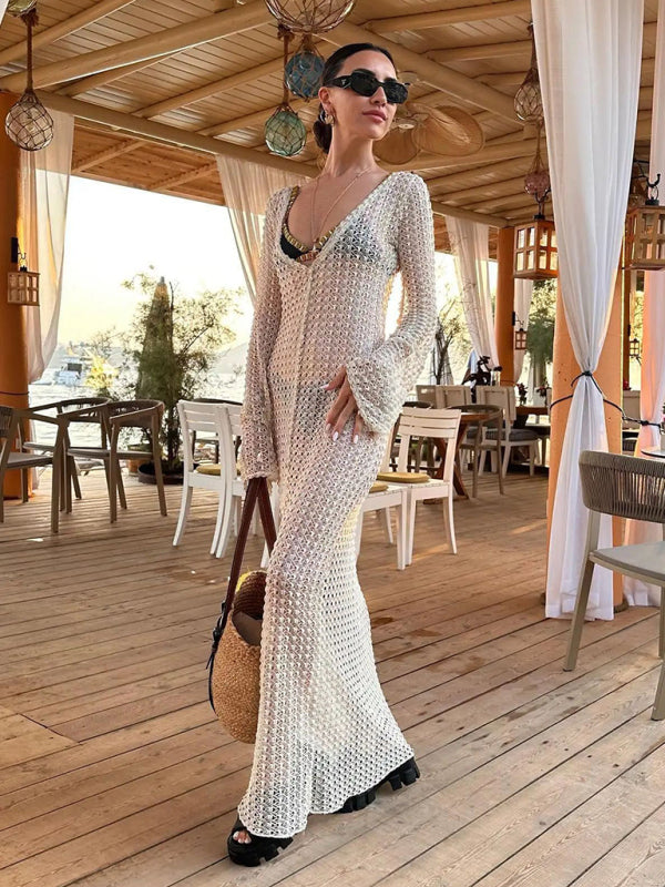 Women's handmade crocheted hollow beach trumpet sleeve long dress