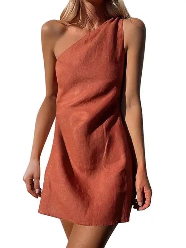 New casual solid color slant shoulder dress