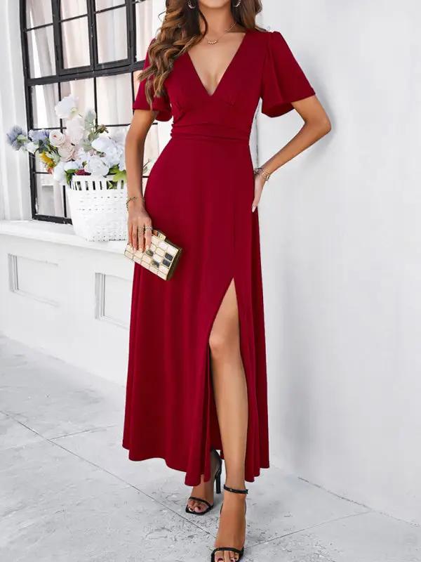 Women's new solid color V-neck waist dress