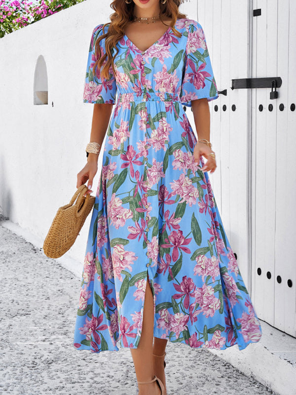 Women's spring and summer vacation casual floral print slit dress