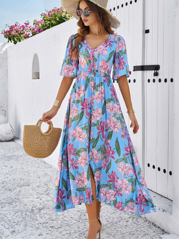 Women's spring and summer vacation casual floral print slit dress