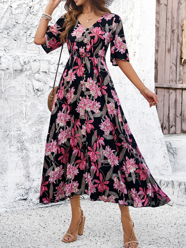 Women's spring and summer vacation casual floral print slit dress